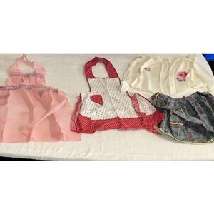 Lot of 4 Vintage Aprons Retro MCM Red Polka Dot Heart Pink Sheer Floral Hostess